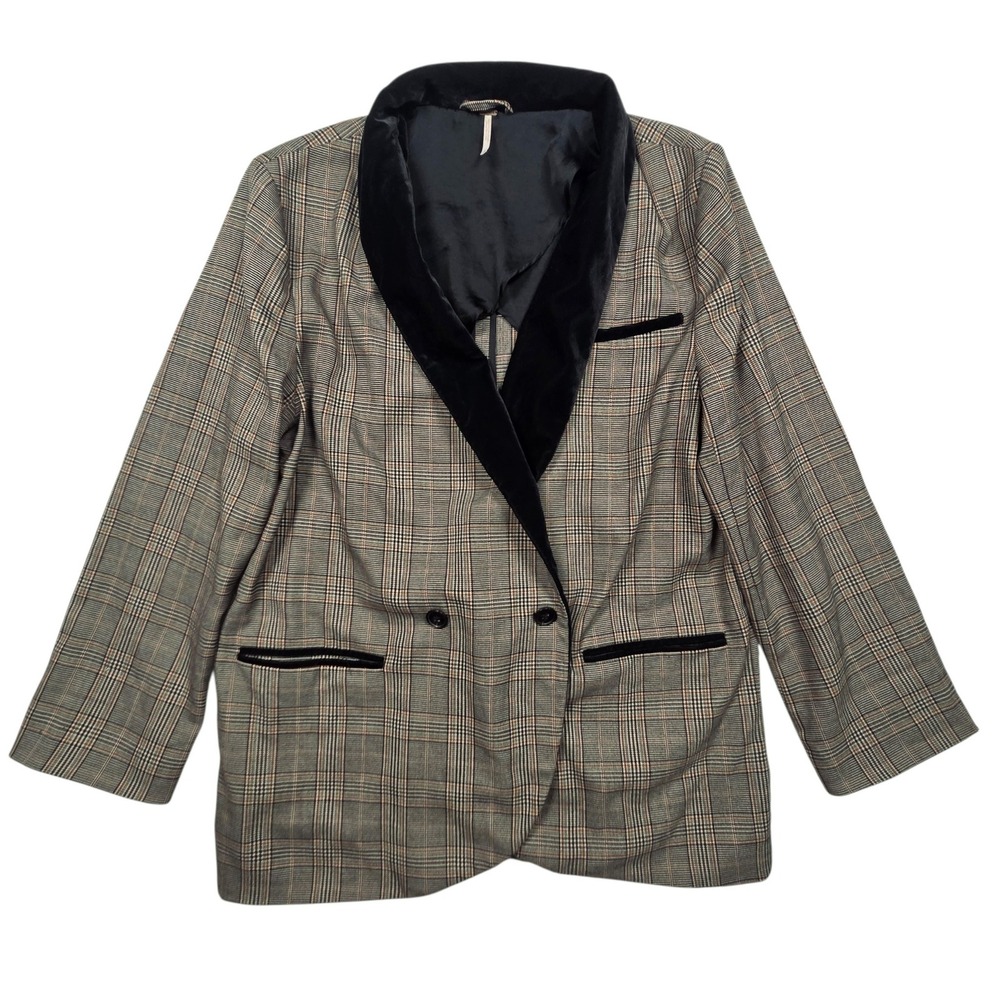 Free People Blazer Womens Large Green Plaid Velvet Shawl Collar Oversized Jacket